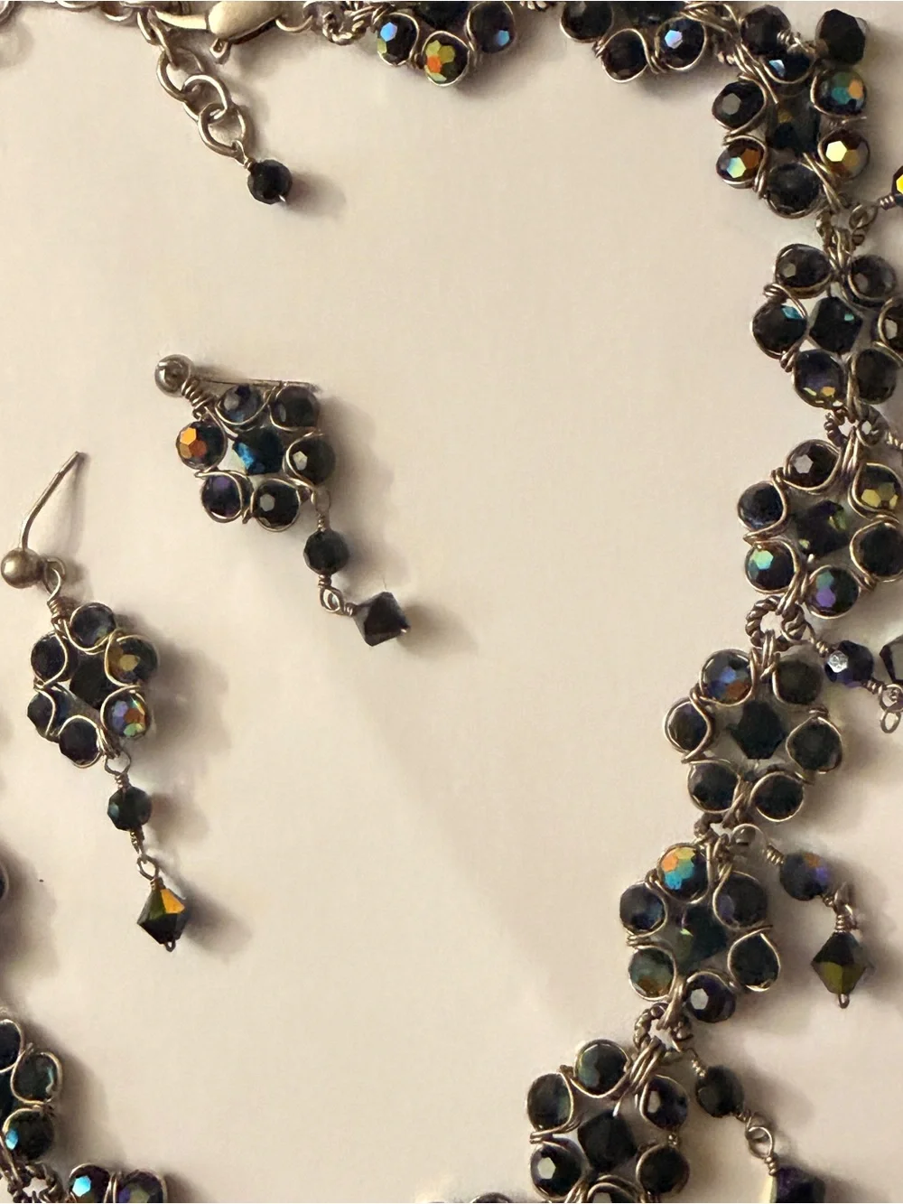 Artisan Black Necklace and Earrings with Multicolor Aurora Crystals